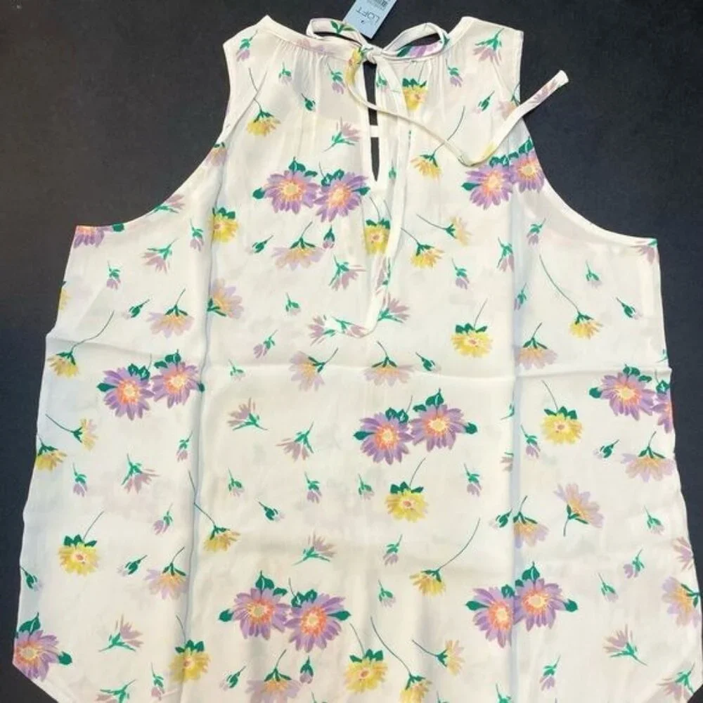 WOMEN LOFT PETITE FLORAL TIE BACK KEYHOLE SHELL MEDIUM - Picture 2 of 9